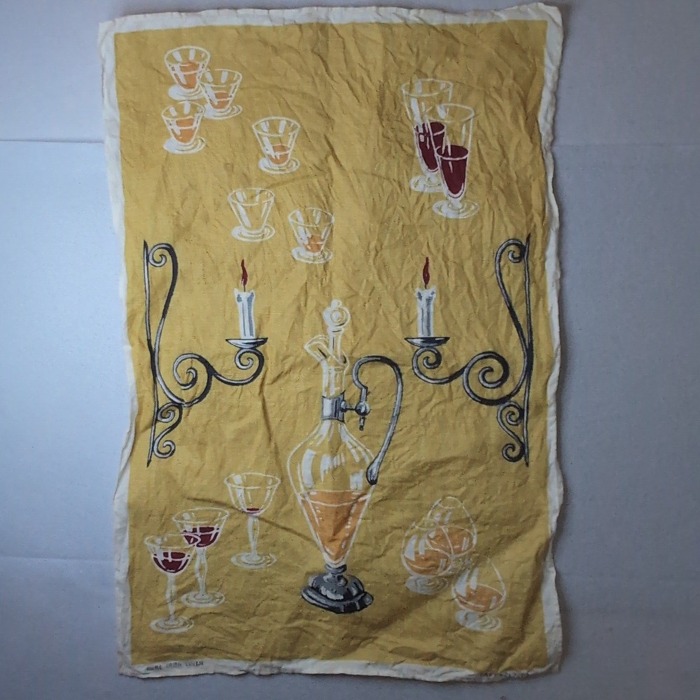 Vintage Pure Irish Linen Tea Towel Mid Century Barware Decanter Mustard Yellow